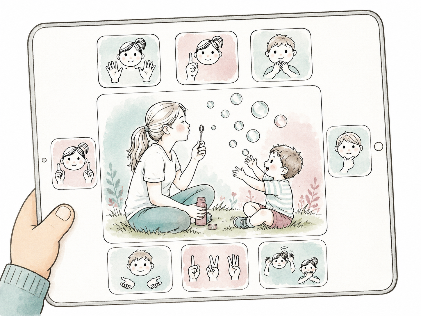 Escena de comunicación: una persona adulta y un niño jugando con pompas, rodeada de apoyos con signos